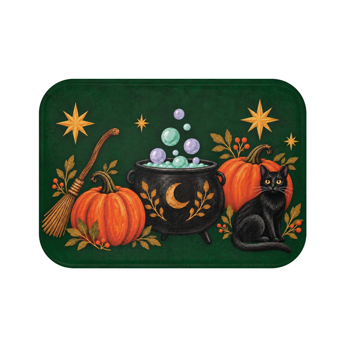 Witchy Black Cat Halloween Bath Mat – Cauldron & Pumpkins