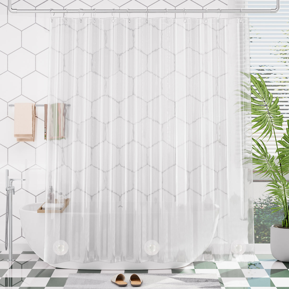 Heavy dute clear shower curtain with geometric pattern in a bathroom setting