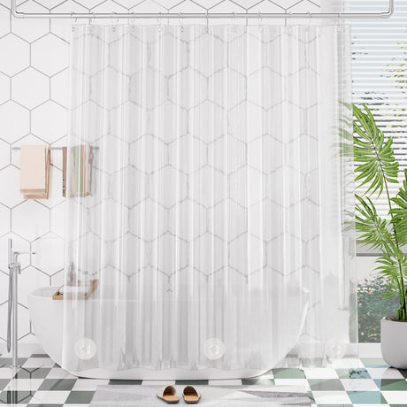 Heavy dute clear shower curtain with geometric pattern in a bathroom setting