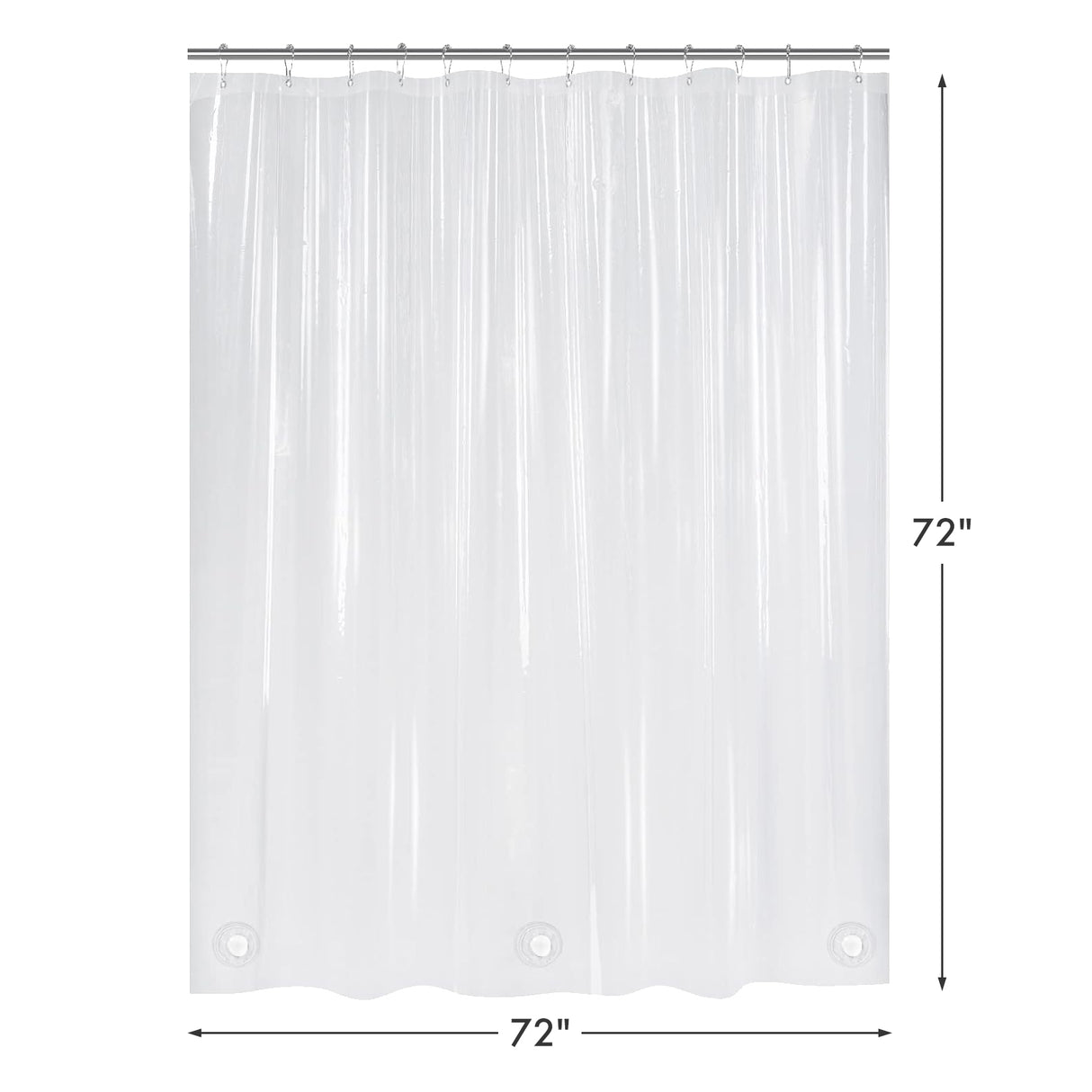Clear shower curtain with dimensions on a white background