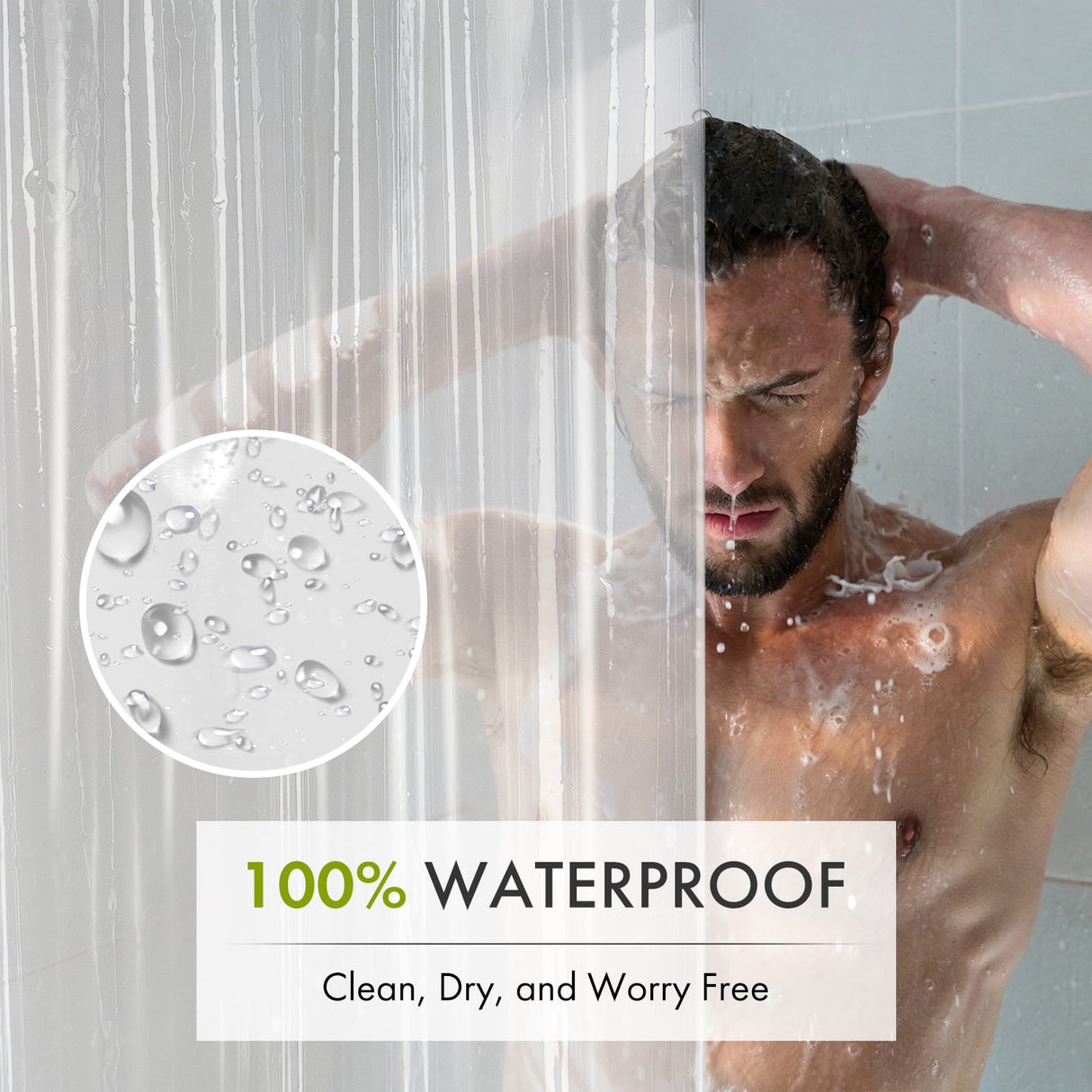 Man under a shower with a waterproof curtain and water droplets shown.