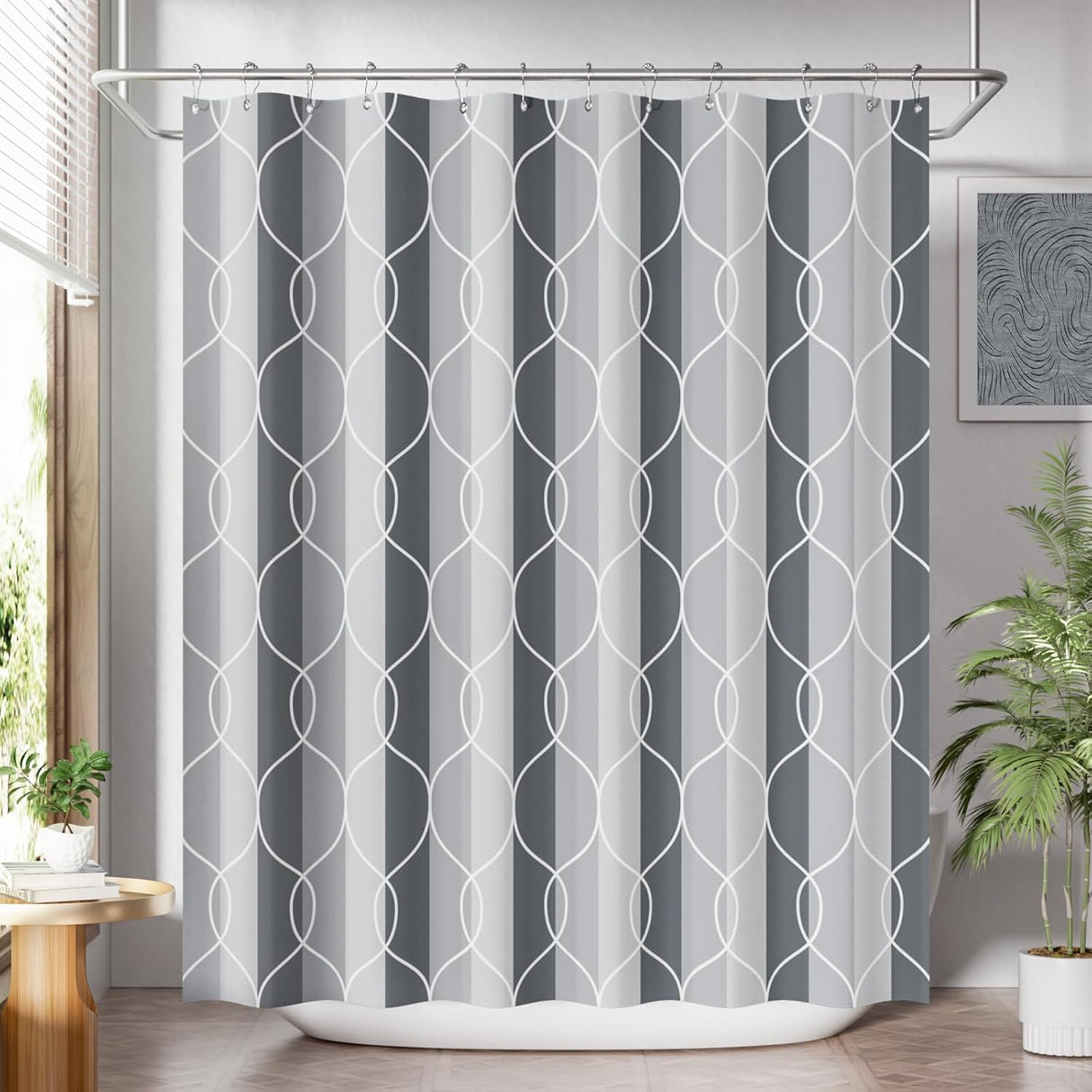 Shower curtain with geometric pattern in a bathroom setting