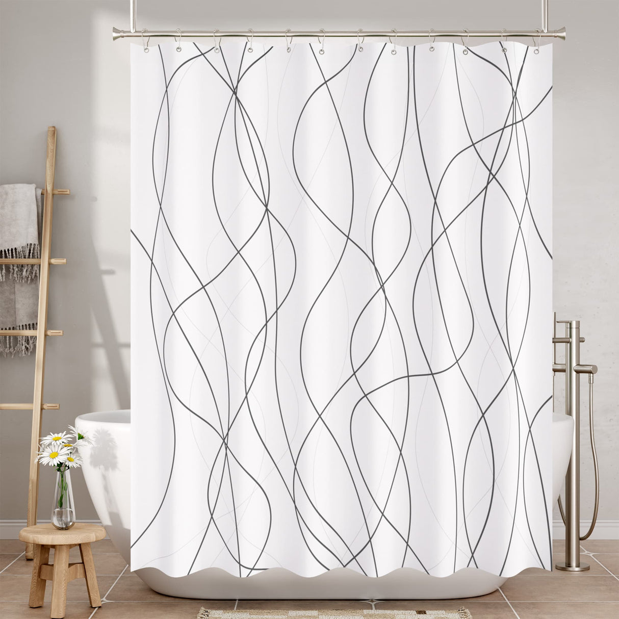 Shower curtain with wavy line pattern in a bathroom setting