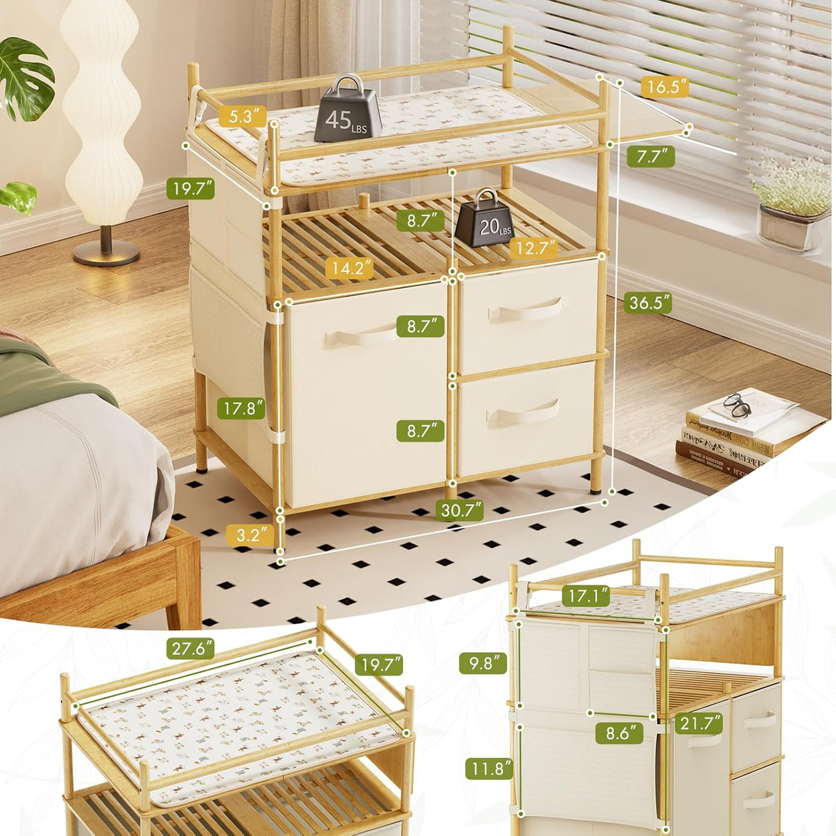 Bedroom with a wooden storage unit and dimensions displayed