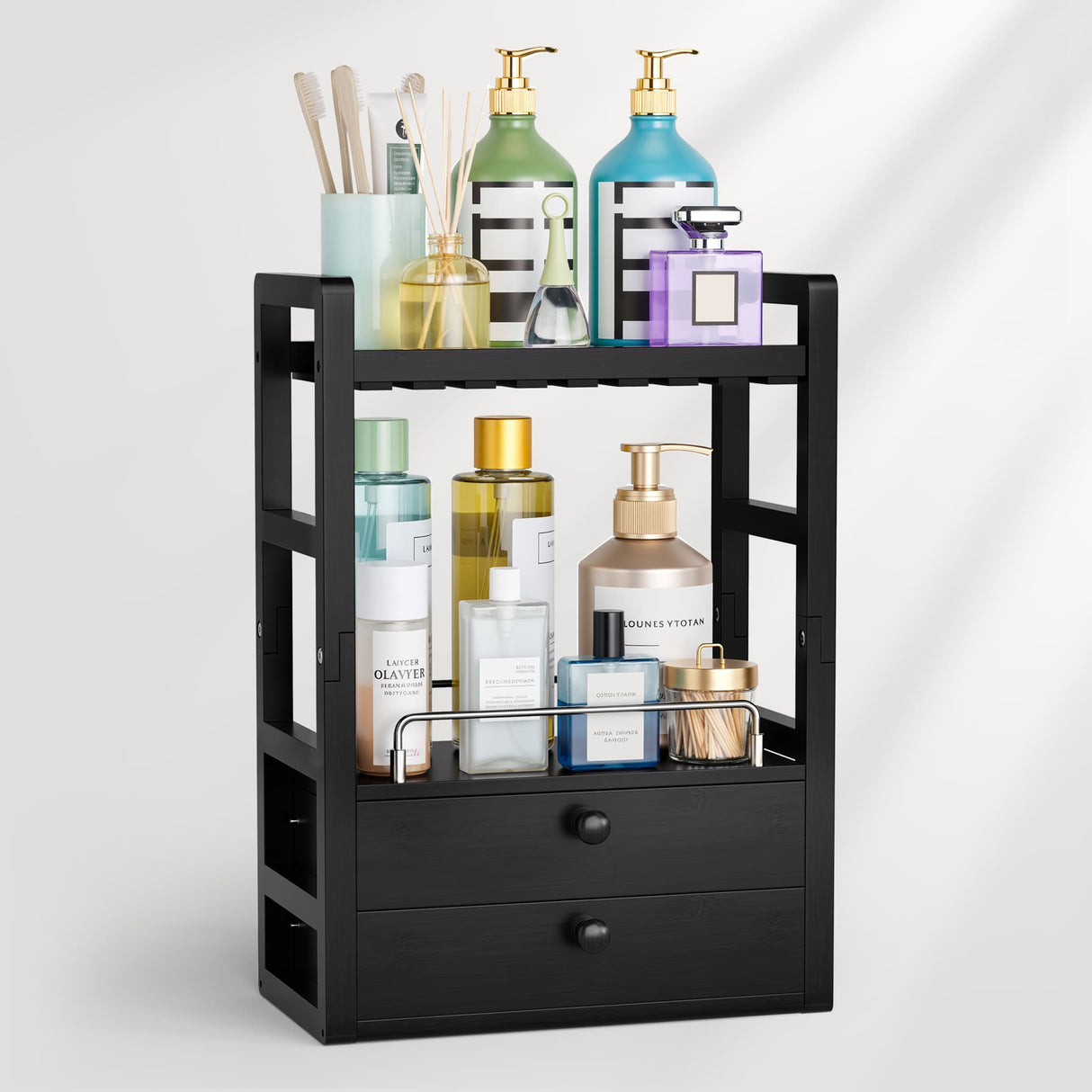 Black storage rack with various bottles and containers on a white background