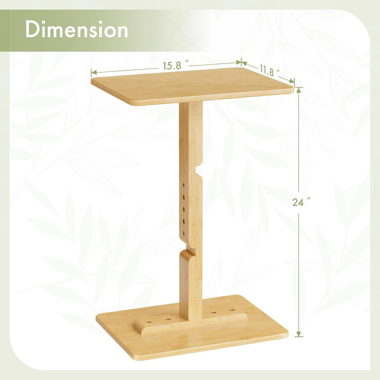 Wooden adjustable stand with dimensions labeled on a white background
