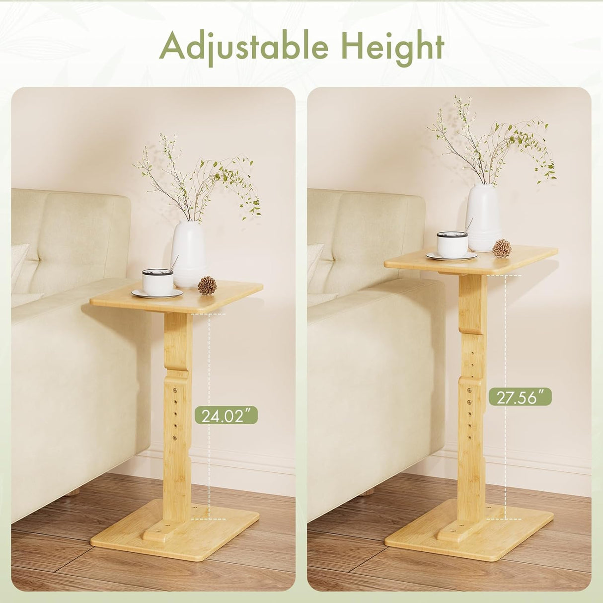 Adjustable height wooden side table with measurements shown in a room setting.