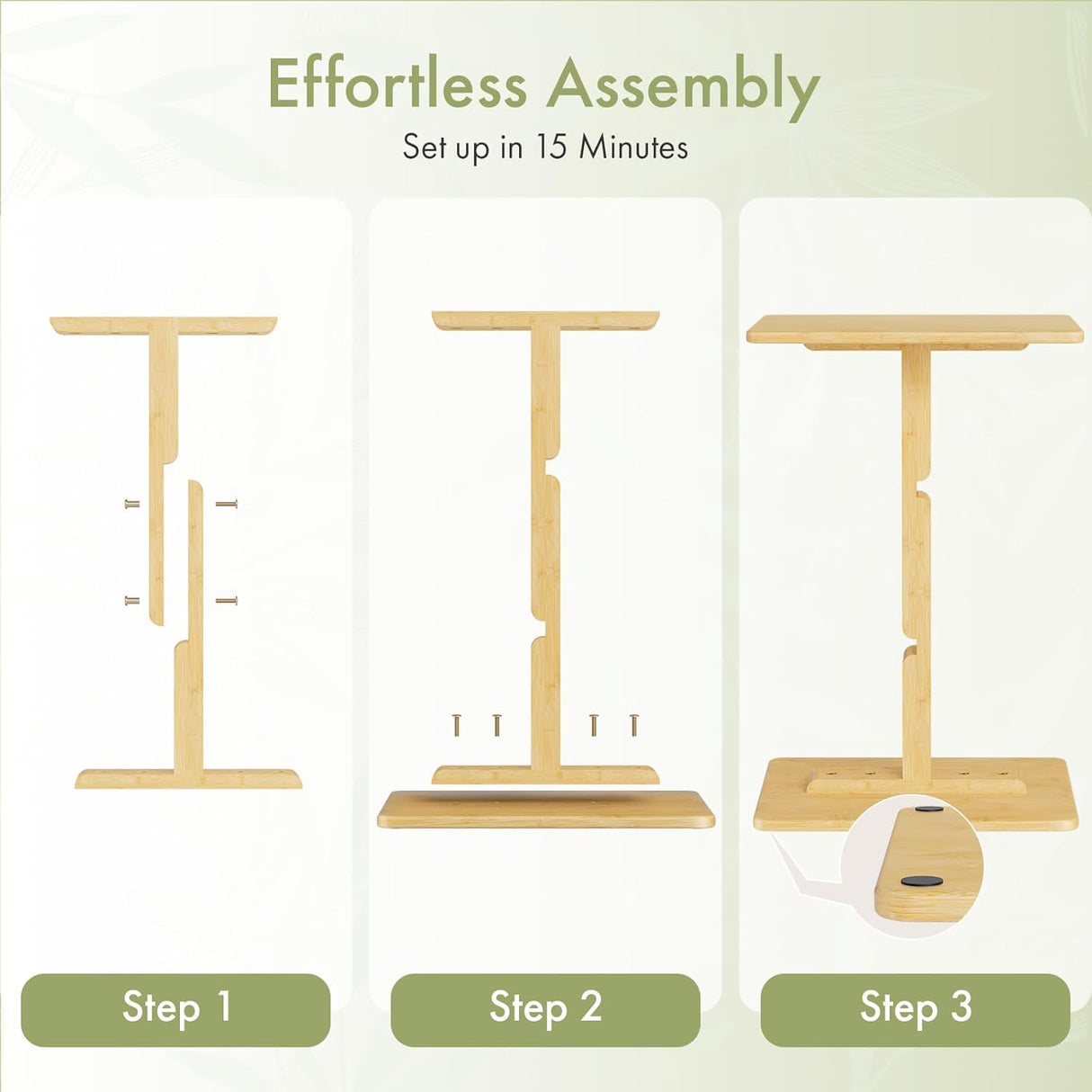 Step-by-step assembly guide for a wooden desk with text 'Effortless Assembly' and 'Set up in 15 Minutes'.