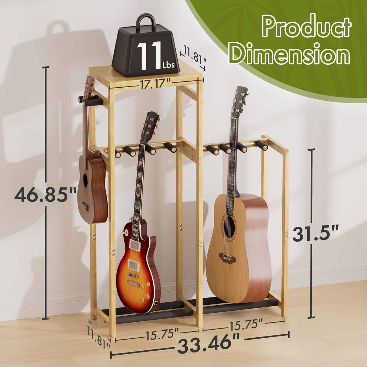 Guitar stand holding guitars with dimensions displayed