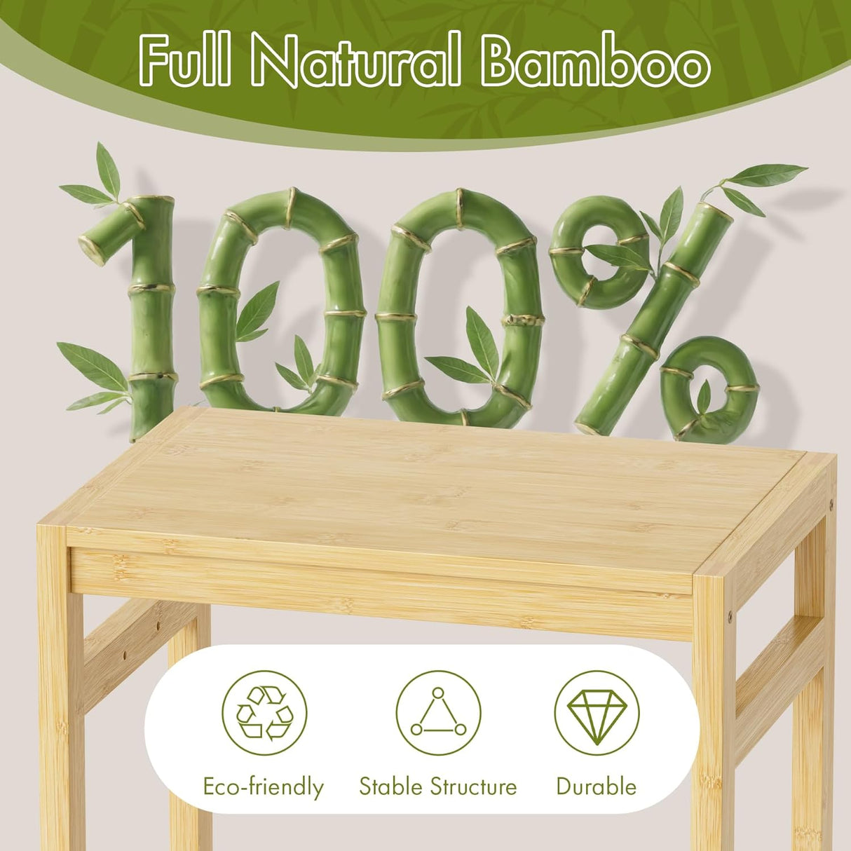 Wooden table with bamboo design elements and text 'Full Natural Bamboo' on a light background.