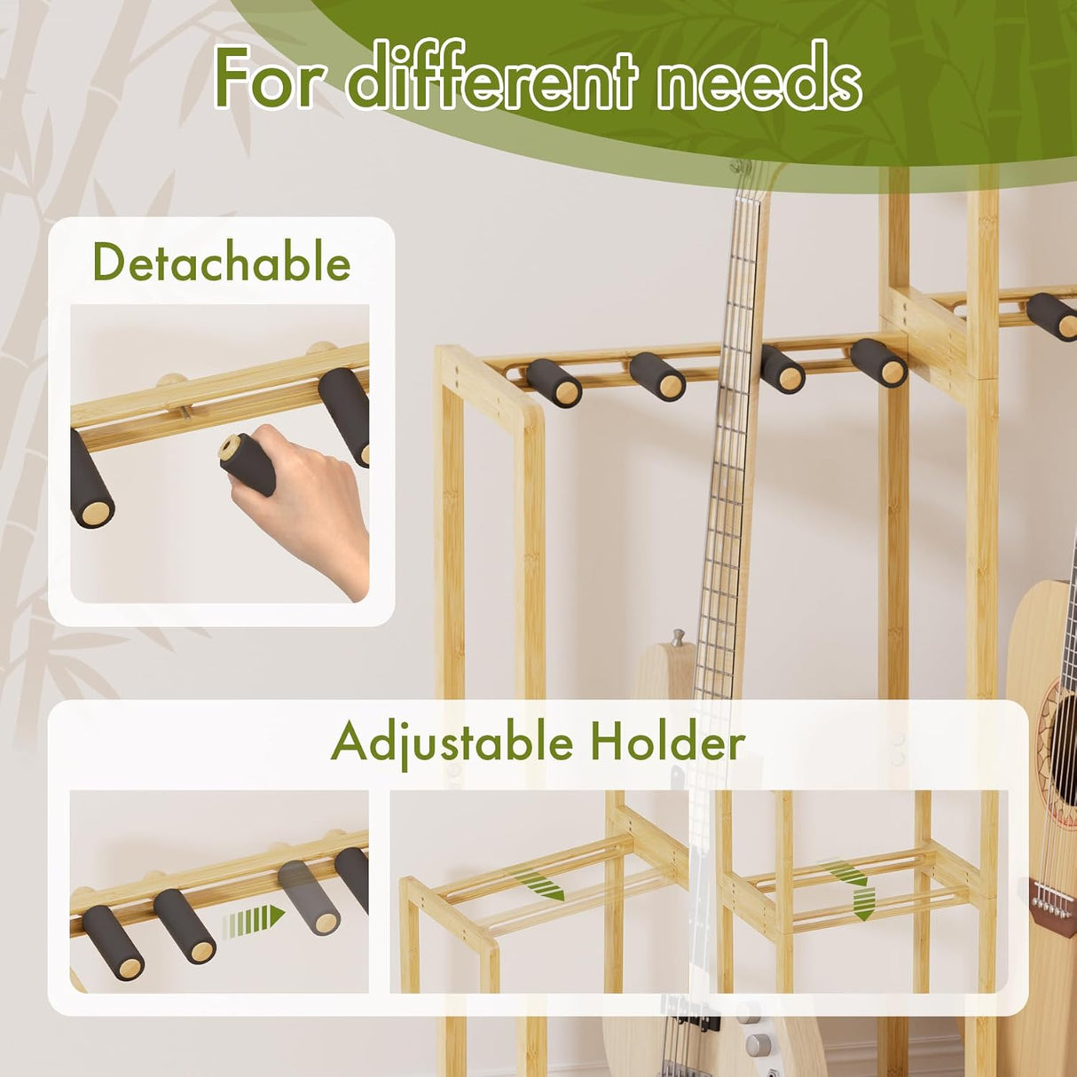 Guitar stand with detachable and adjustable holder features, showing a hand detaching a part of the stand.