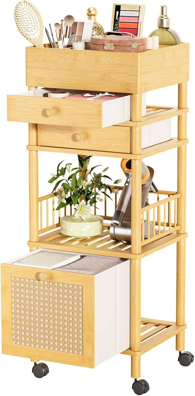Wooden rolling cart with multiple compartments and items on top