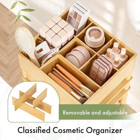 Cosmetic organizer with various items including a brush, bottles, and containers on a neutral background.
