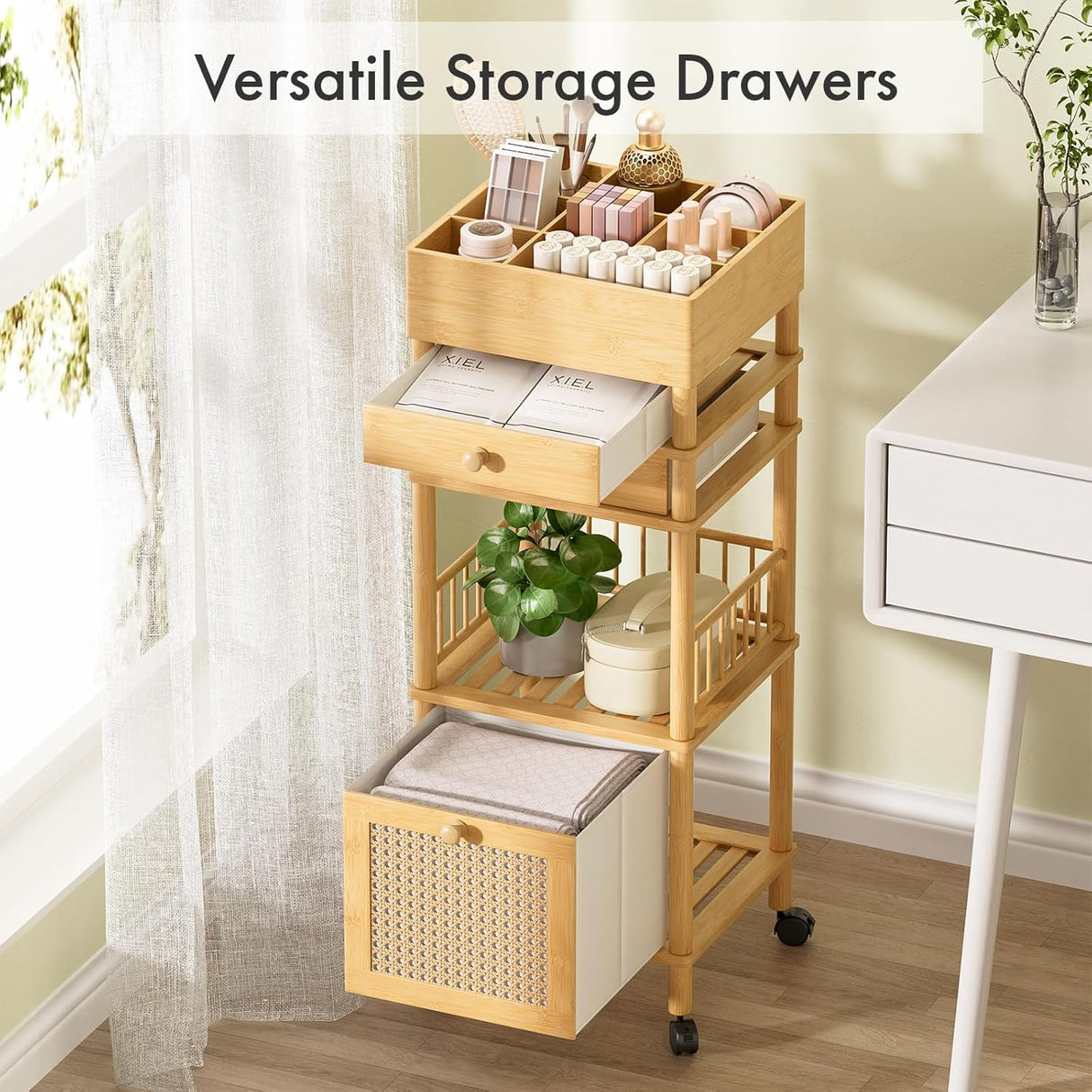 Wooden storage cart with multiple drawers and shelves in a room setting.