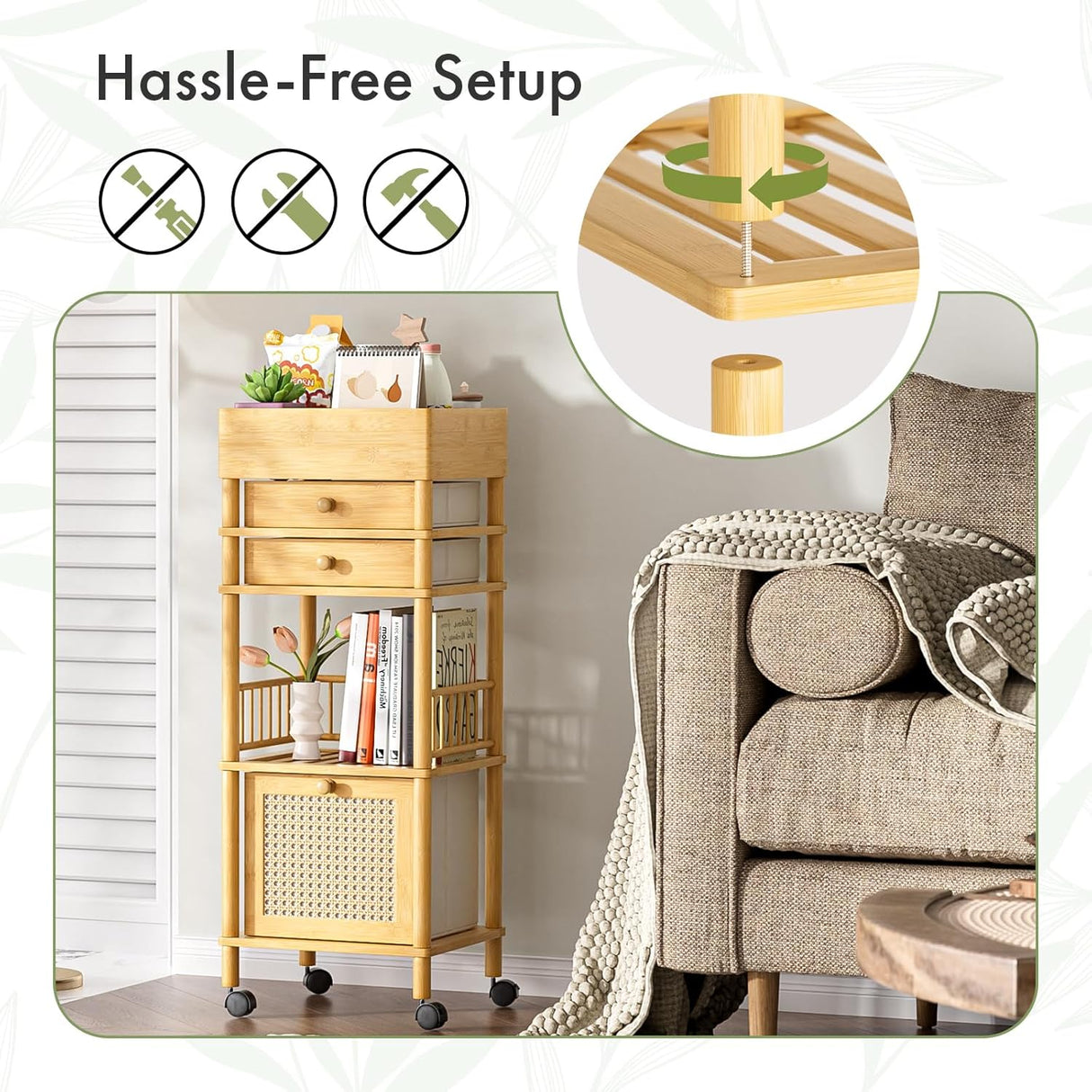 Wooden rolling cart with storage drawers in a living room setting, featuring hassle-free setup text and icons.