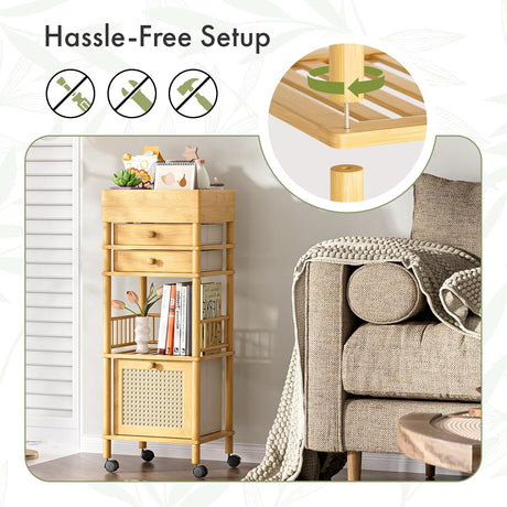 Wooden rolling cart with storage drawers in a living room setting, featuring hassle-free setup text and icons.