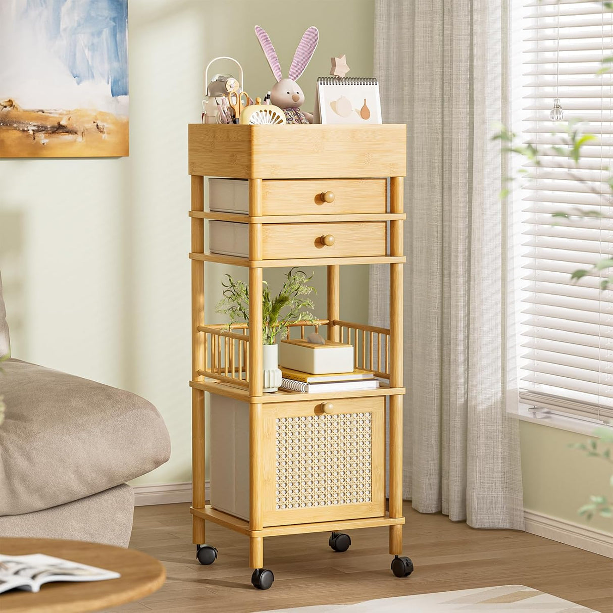 Wooden rolling cart with drawers and a basket in a room setting.