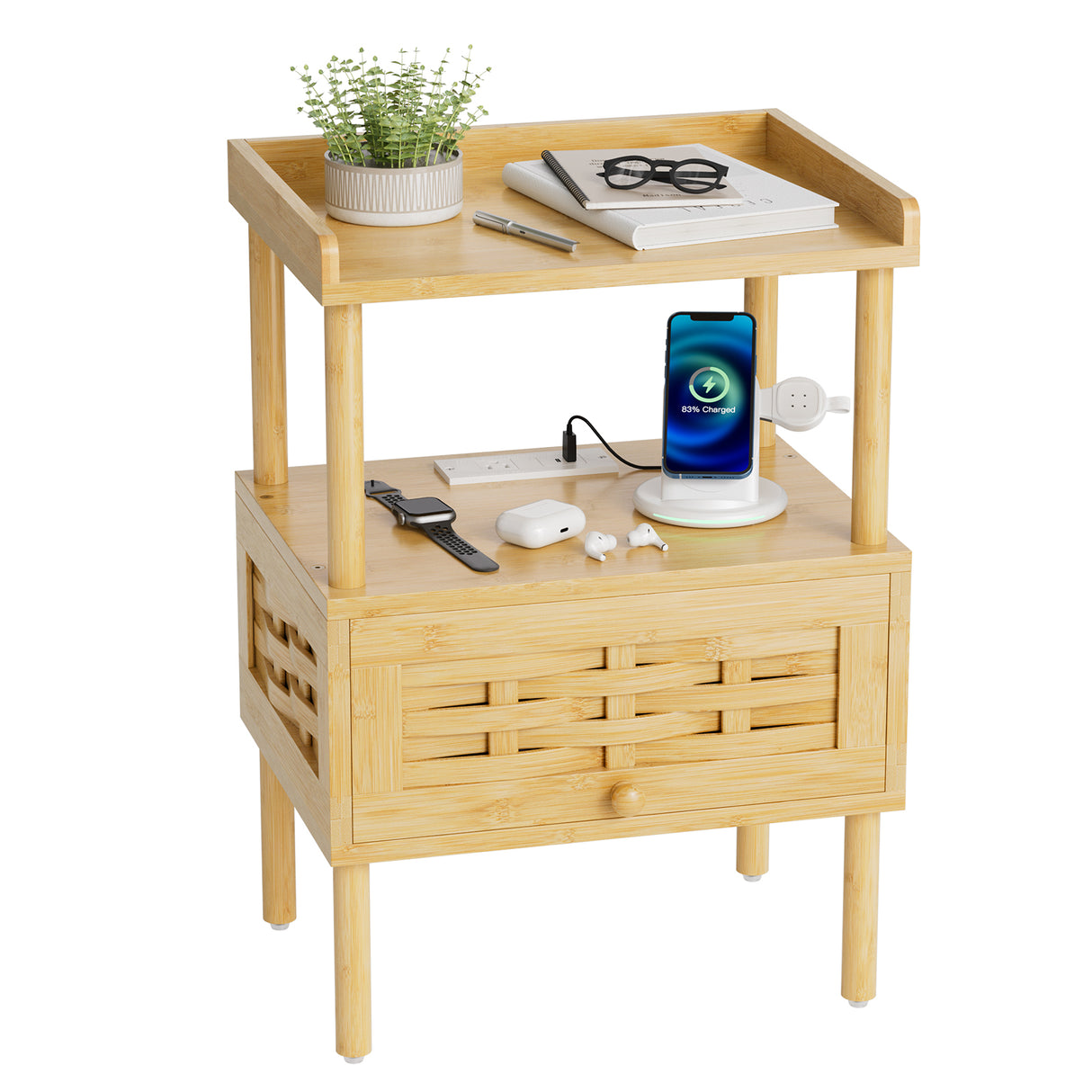 Bamboo Night Stand with Charging Station