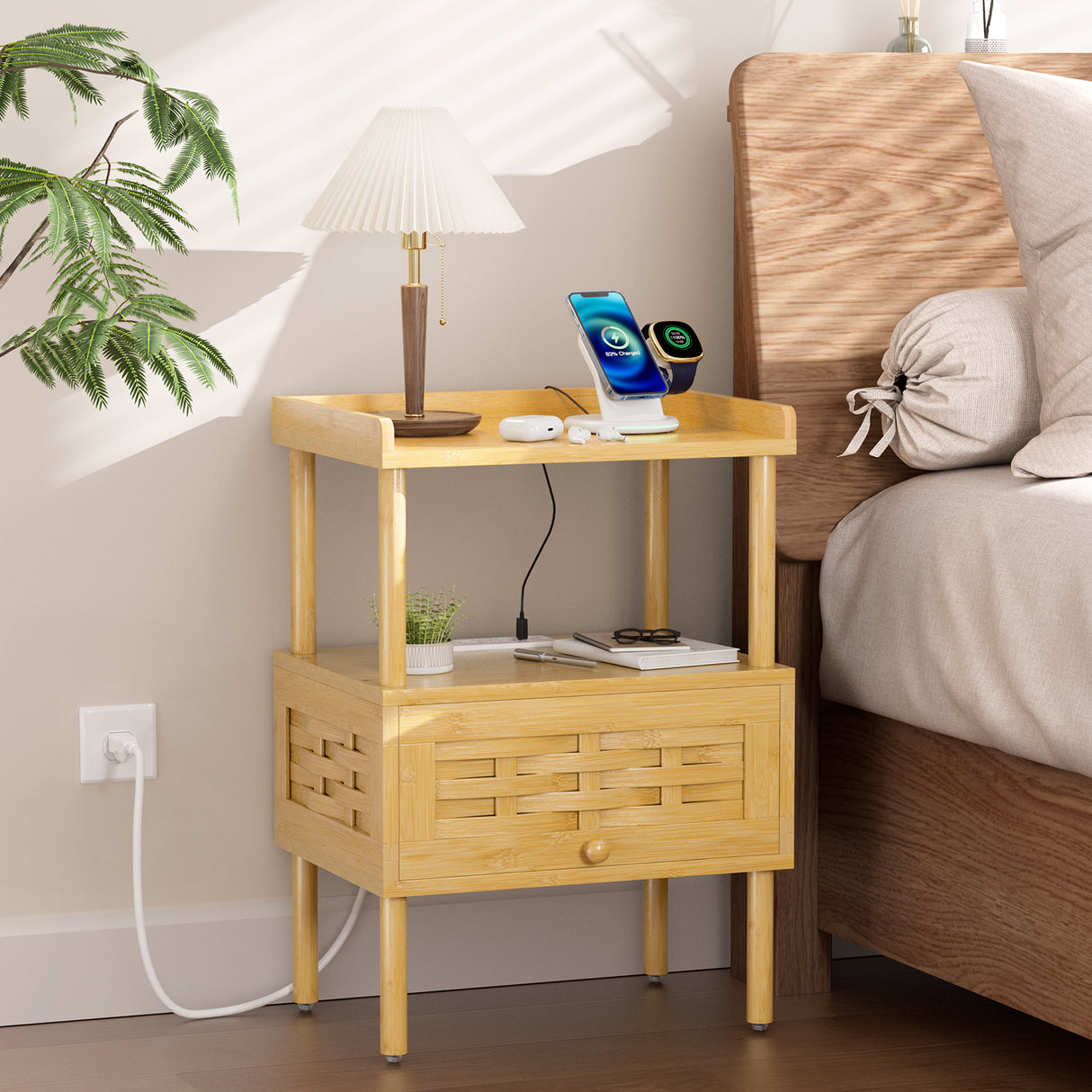 Bamboo Night Stand with Charging Station