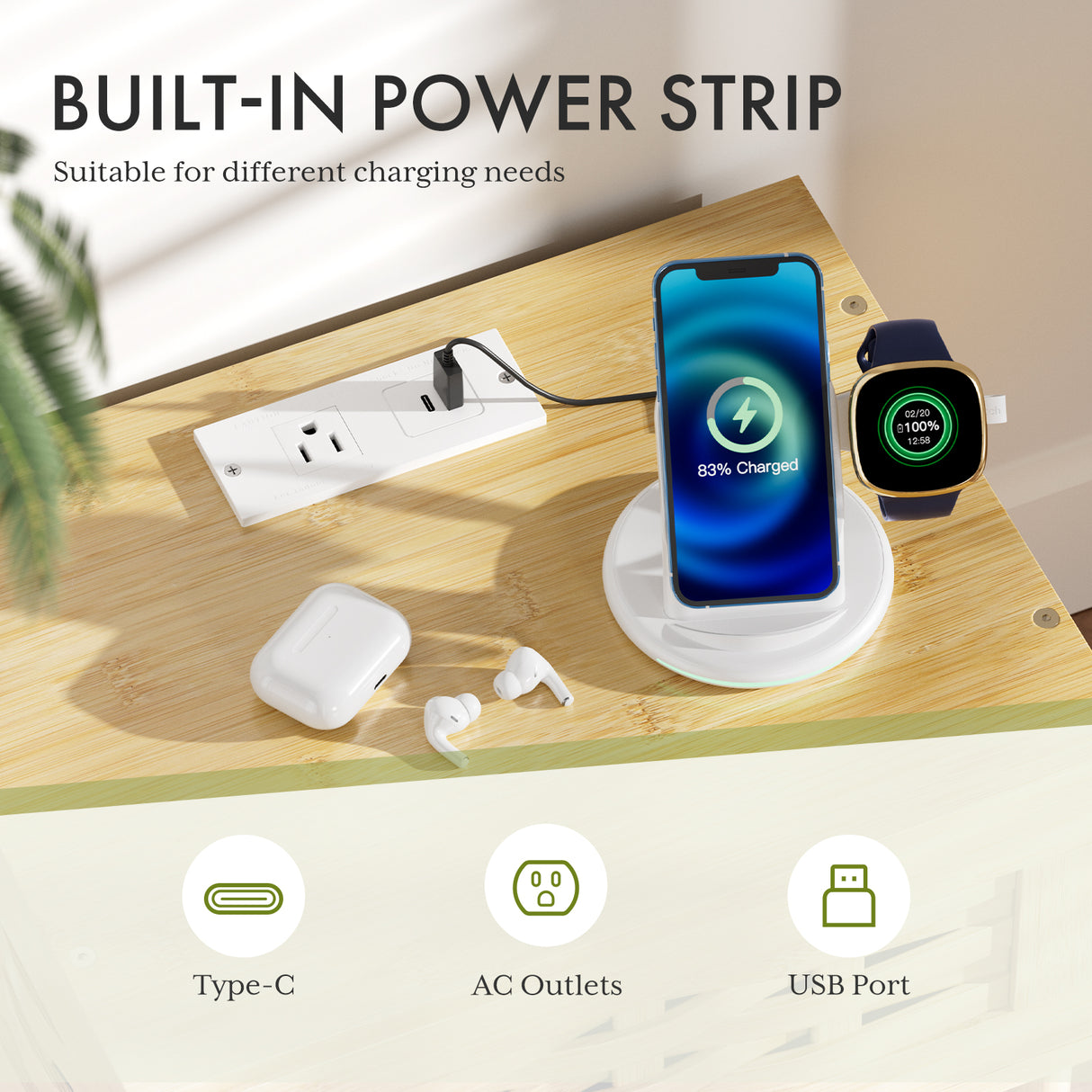 Bamboo Night Stand with Charging Station