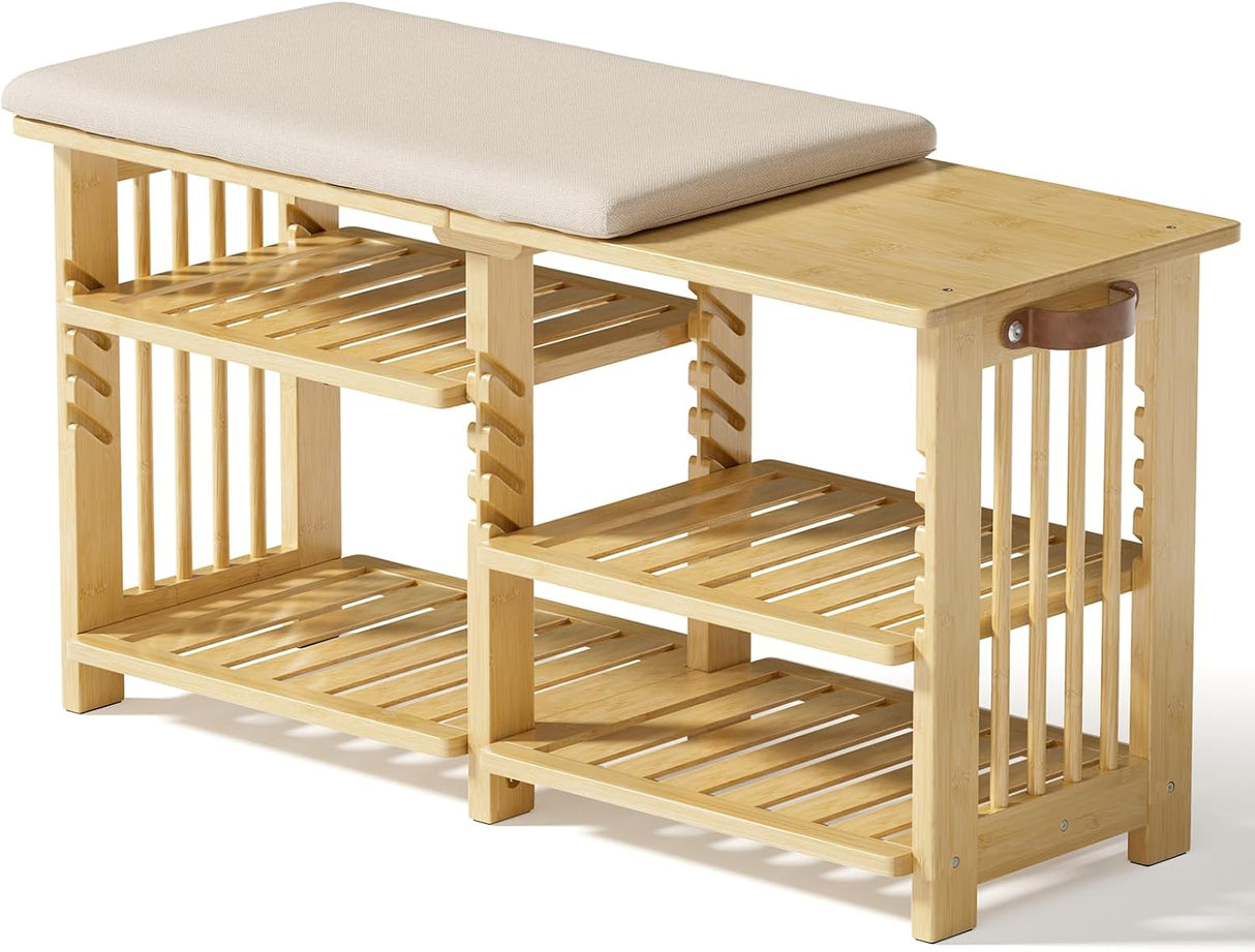 Bamboo shoe bench with a cushion on a white background