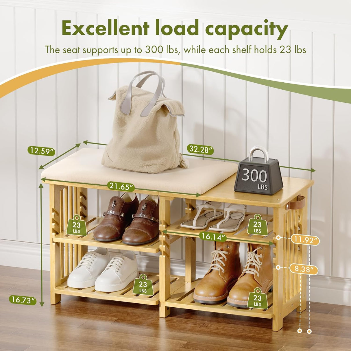 Wooden shoe rack with measurements and weight capacity display, featuring shoes and a bag.