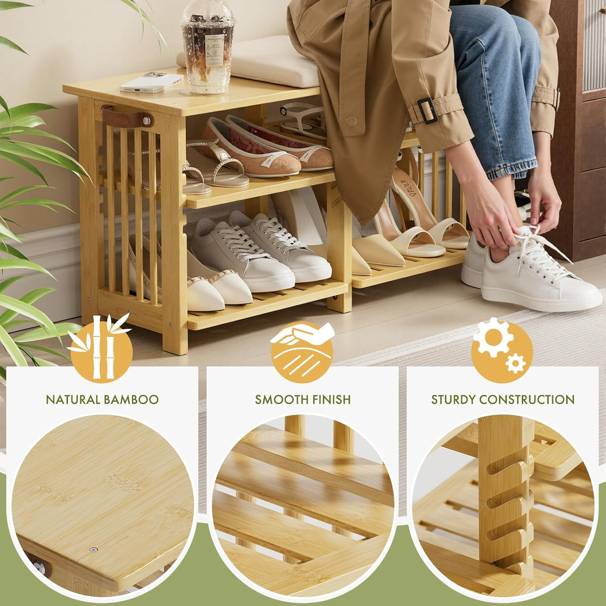 Bamboo shoe rack with shoes, person putting on shoes, and product features on a white background