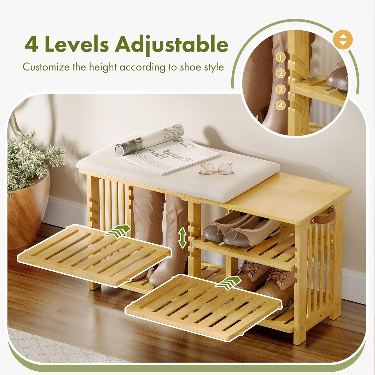 Wooden shoe rack with adjustable levels on a wooden floor.