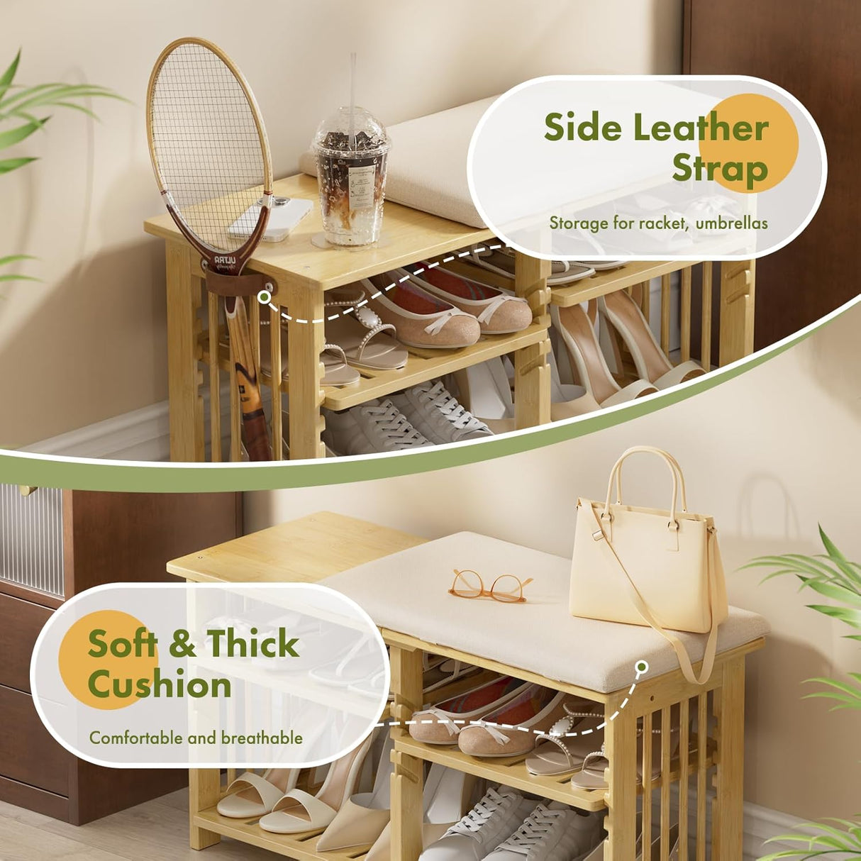Bamboo shoe rack with side leather strap and soft cushion, used for storing shoes, umbrellas, and a handbag.