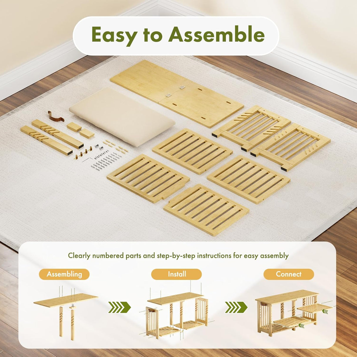 Bamboo furniture assembly kit with clear instructions on a white mat.