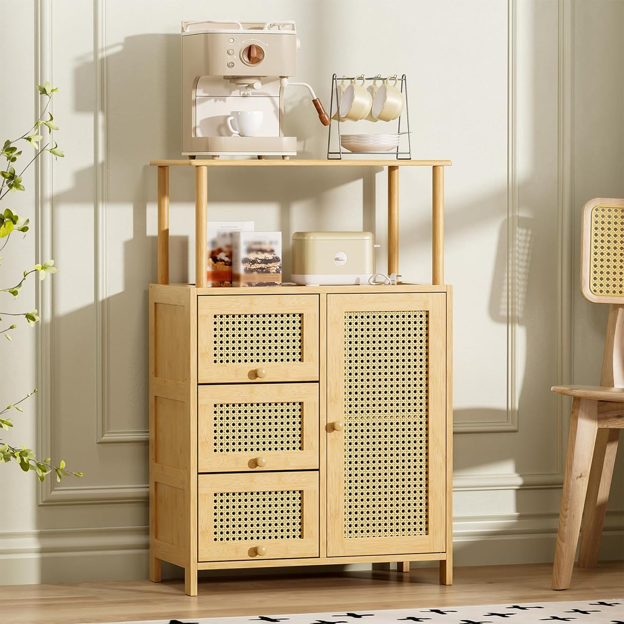 Wooden cabinet with wicker doors and drawers in a room setting