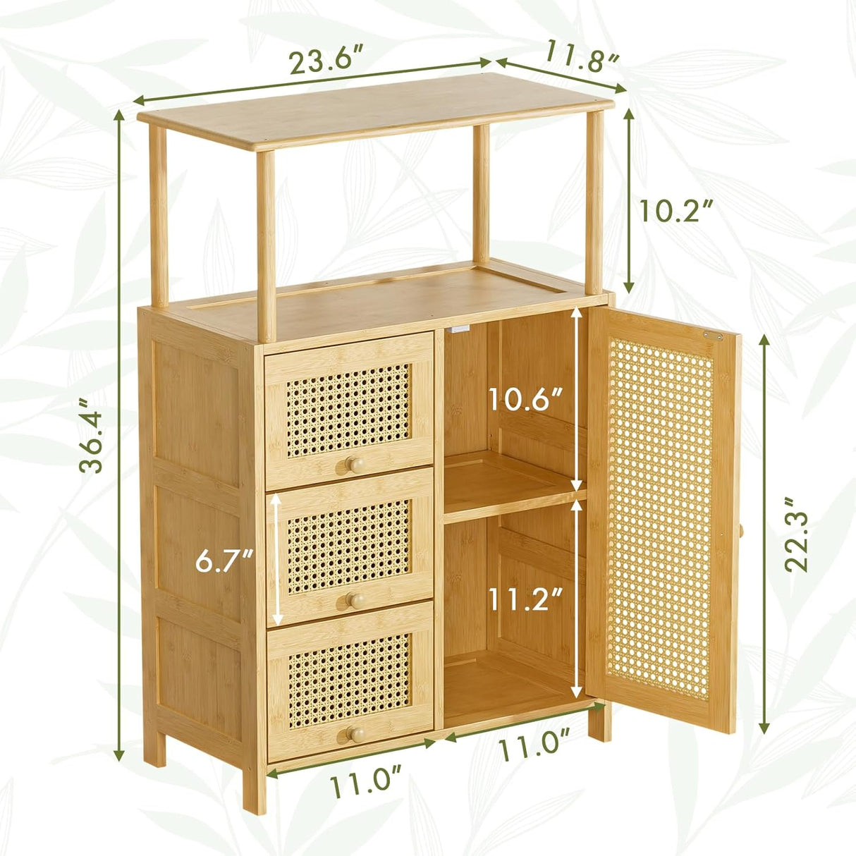 Wooden cabinet with dimensions labeled on a white background