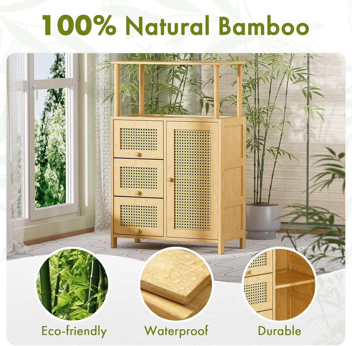Bamboo cabinet with natural bamboo text and eco-friendly features on a white background