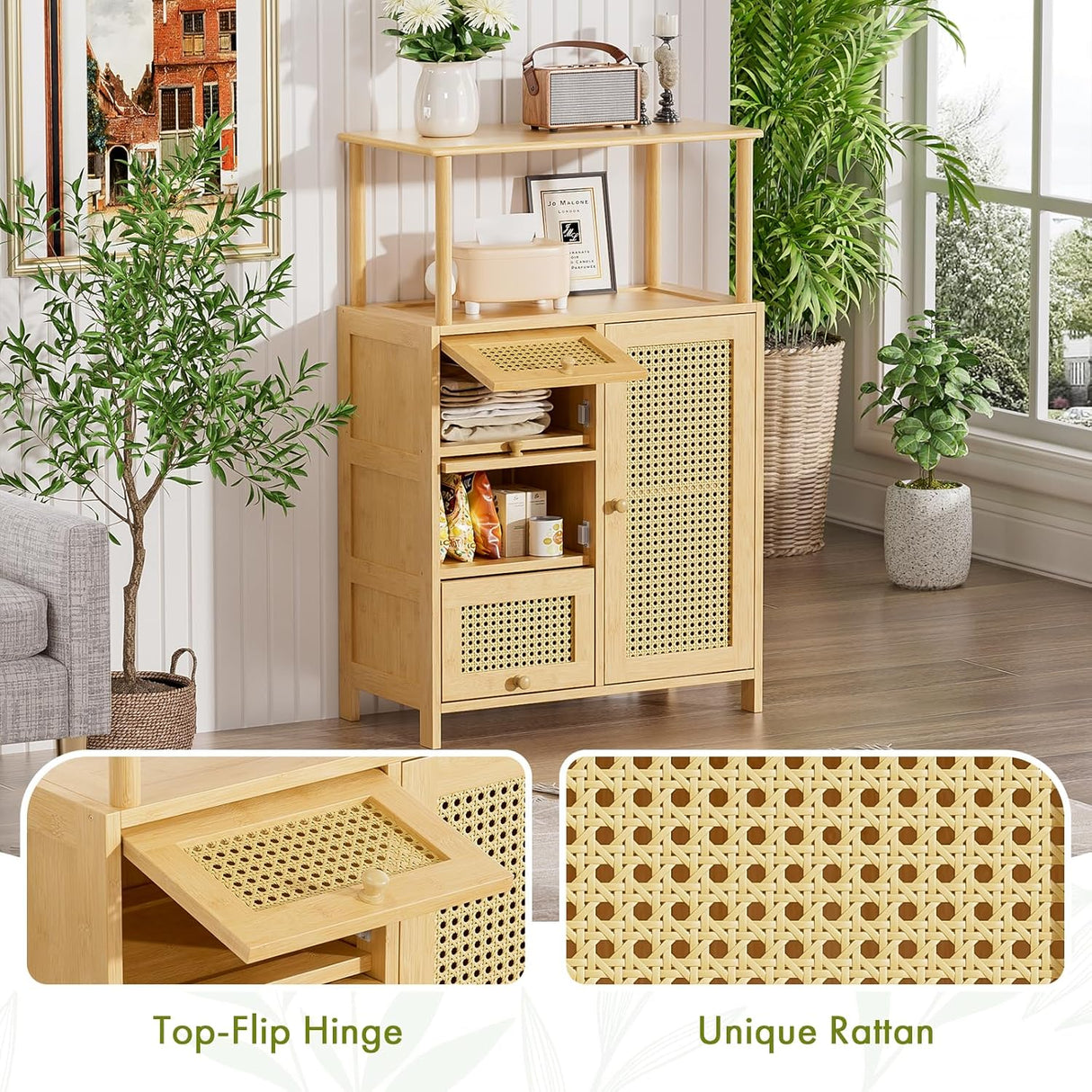 Wooden cabinet with rattan details in a room with plants and decor