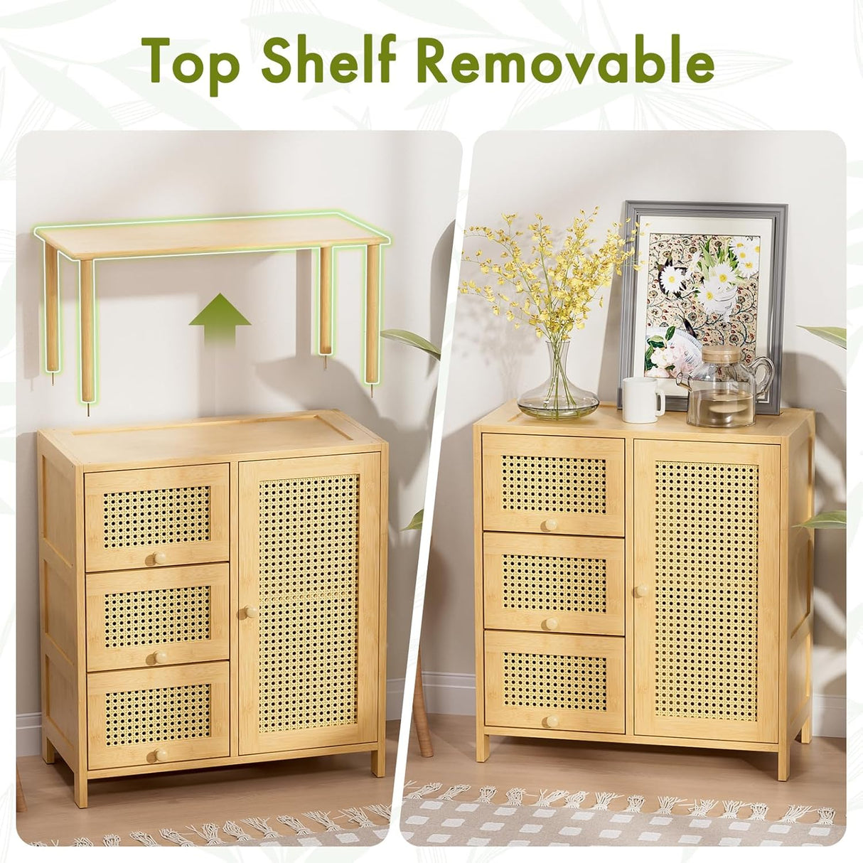 Wooden cabinet with a removable top shelf on a white background
