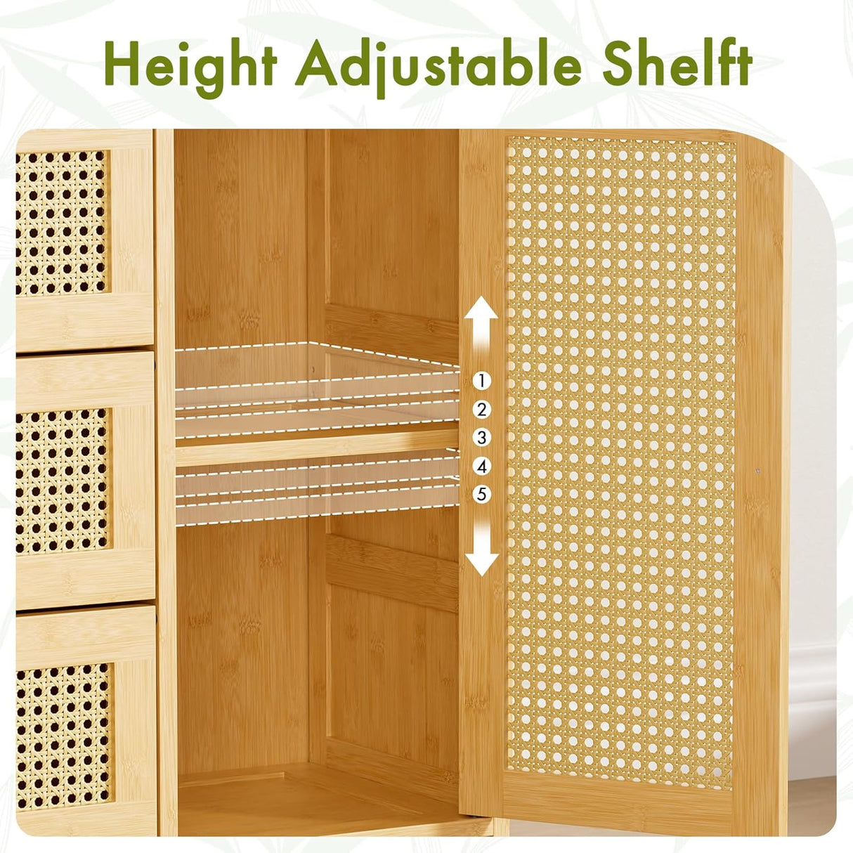 Wooden shelf with height adjustment options on a white background