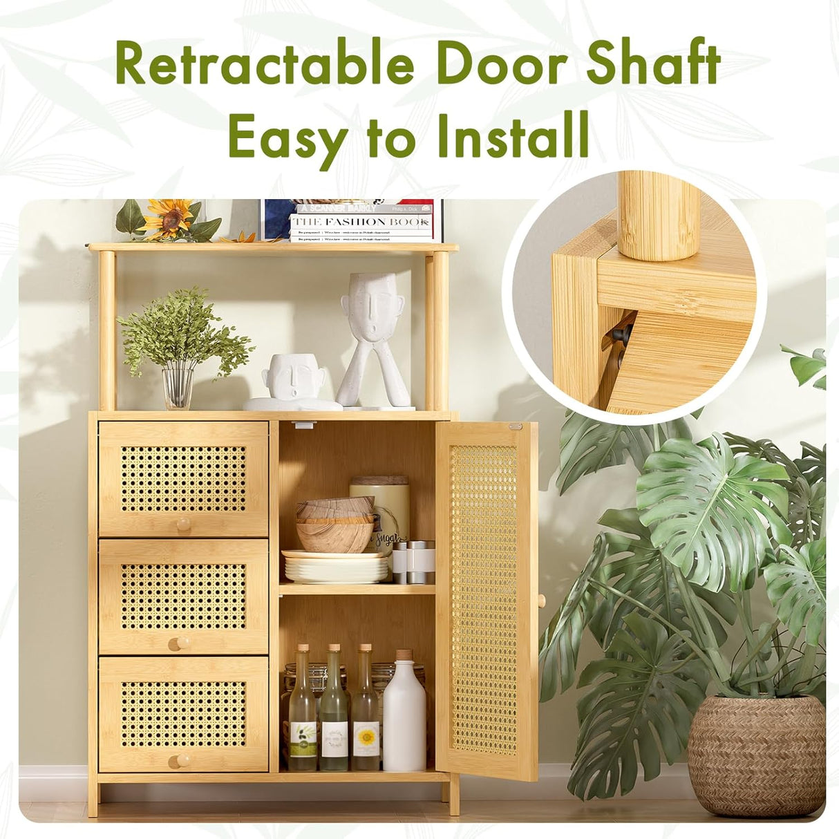 Wooden cabinet with retractable door shaft feature, plants, and books in the background.