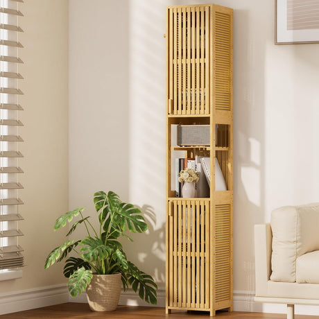 Tall wooden bookshelf with books and decor in a room with a plant and sofa.