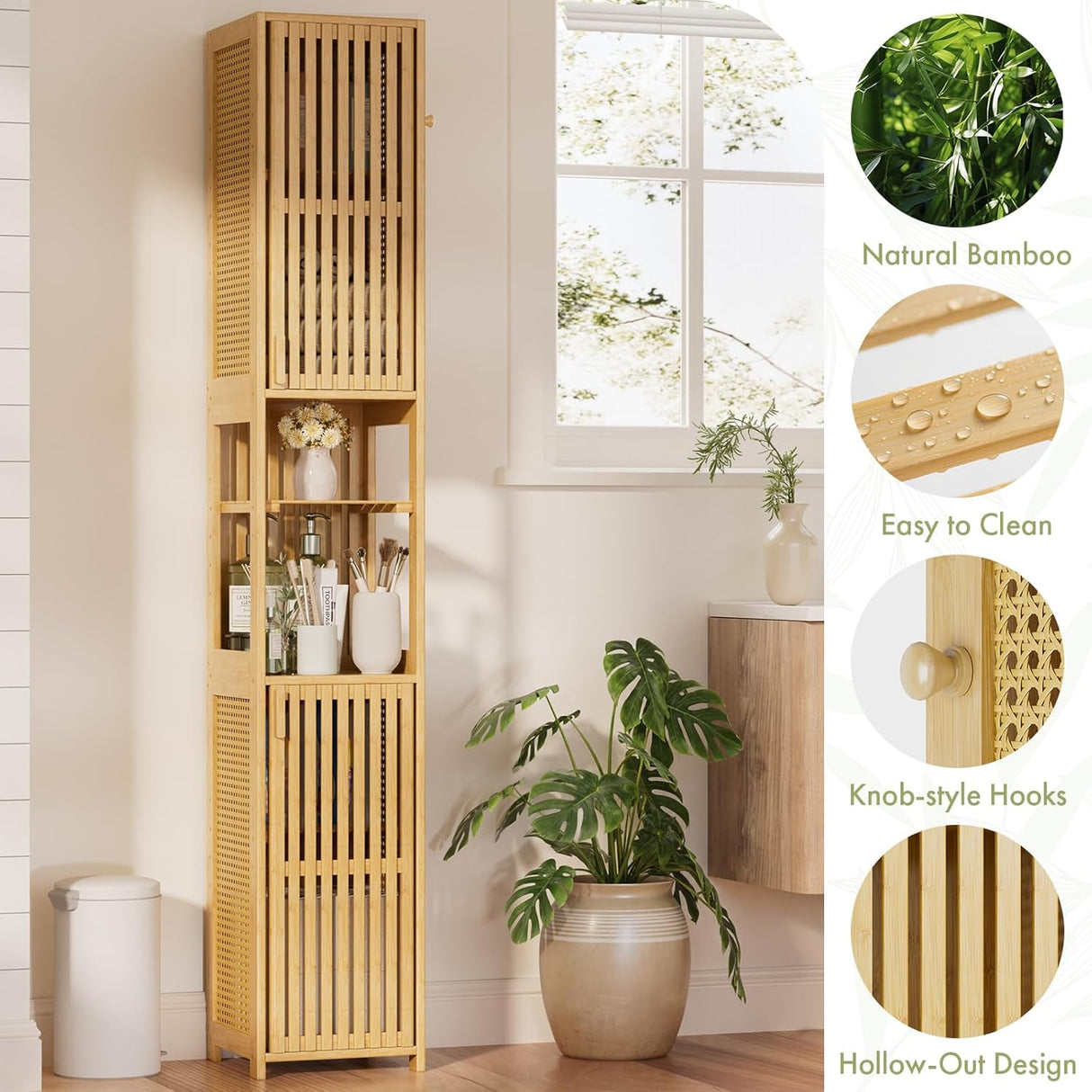 Tall bamboo shelf with decorative items in a room with a window and plant.