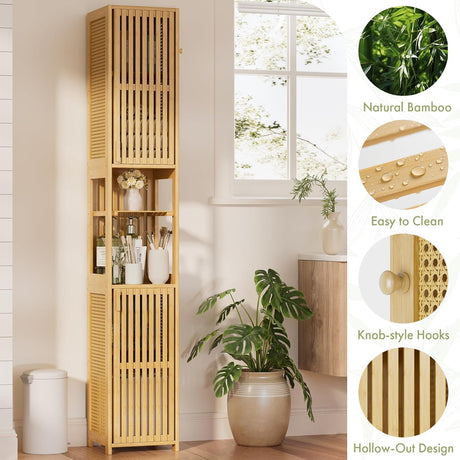 Tall bamboo shelf with decorative items in a room with a window and plant.