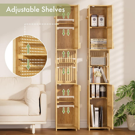 Wooden bookshelf with adjustable shelves in a room setting.