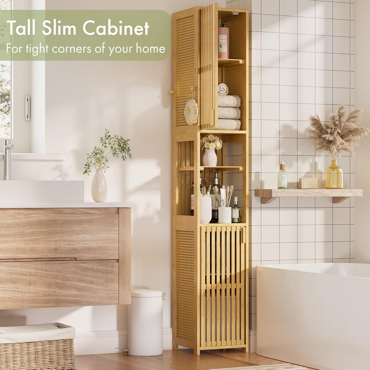 Tall slim cabinet in a bathroom setting with text 'Tall Slim Cabinet For tight corners of your home'.