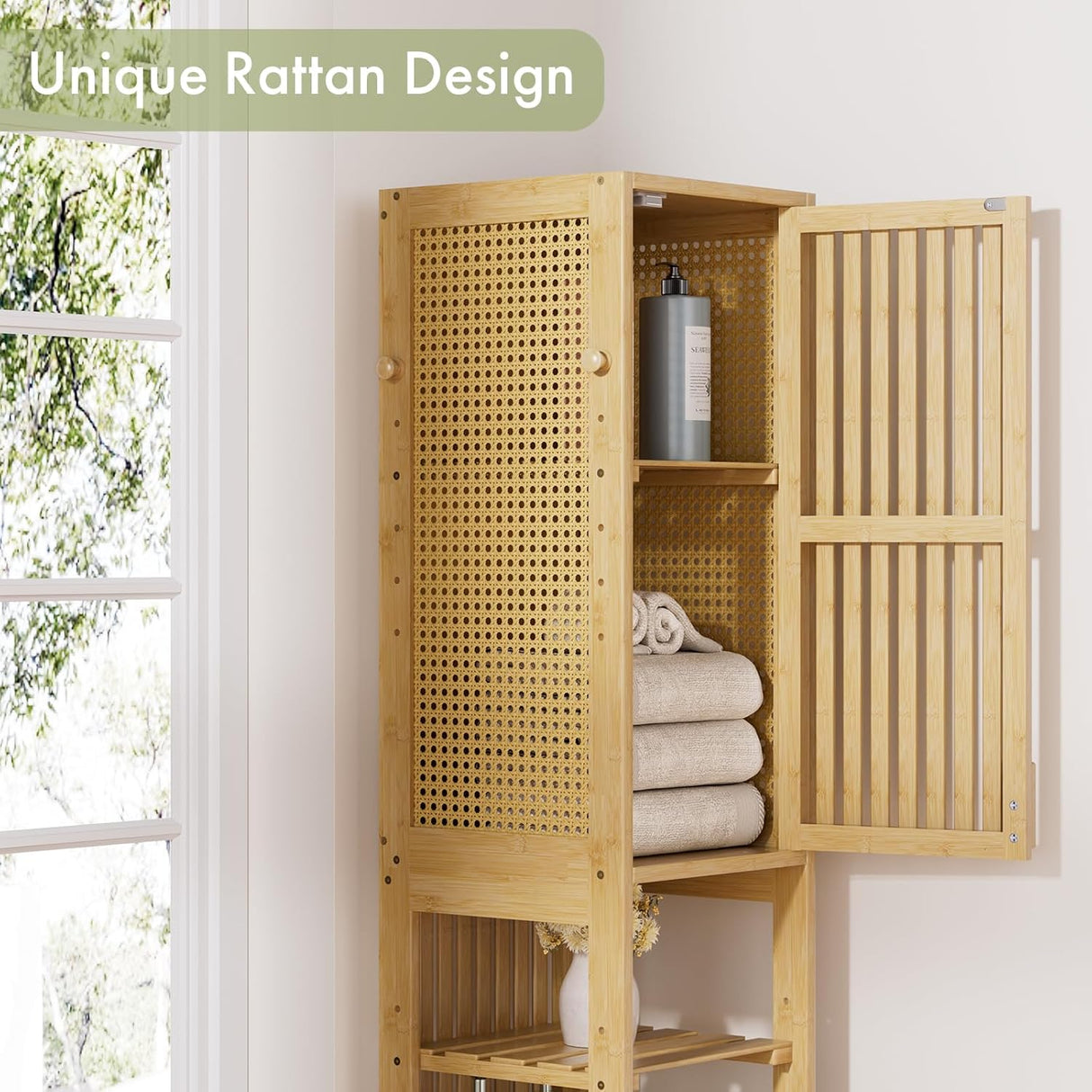 Wooden cabinet with rattan design, shelves with towels and a bottle, natural light.
