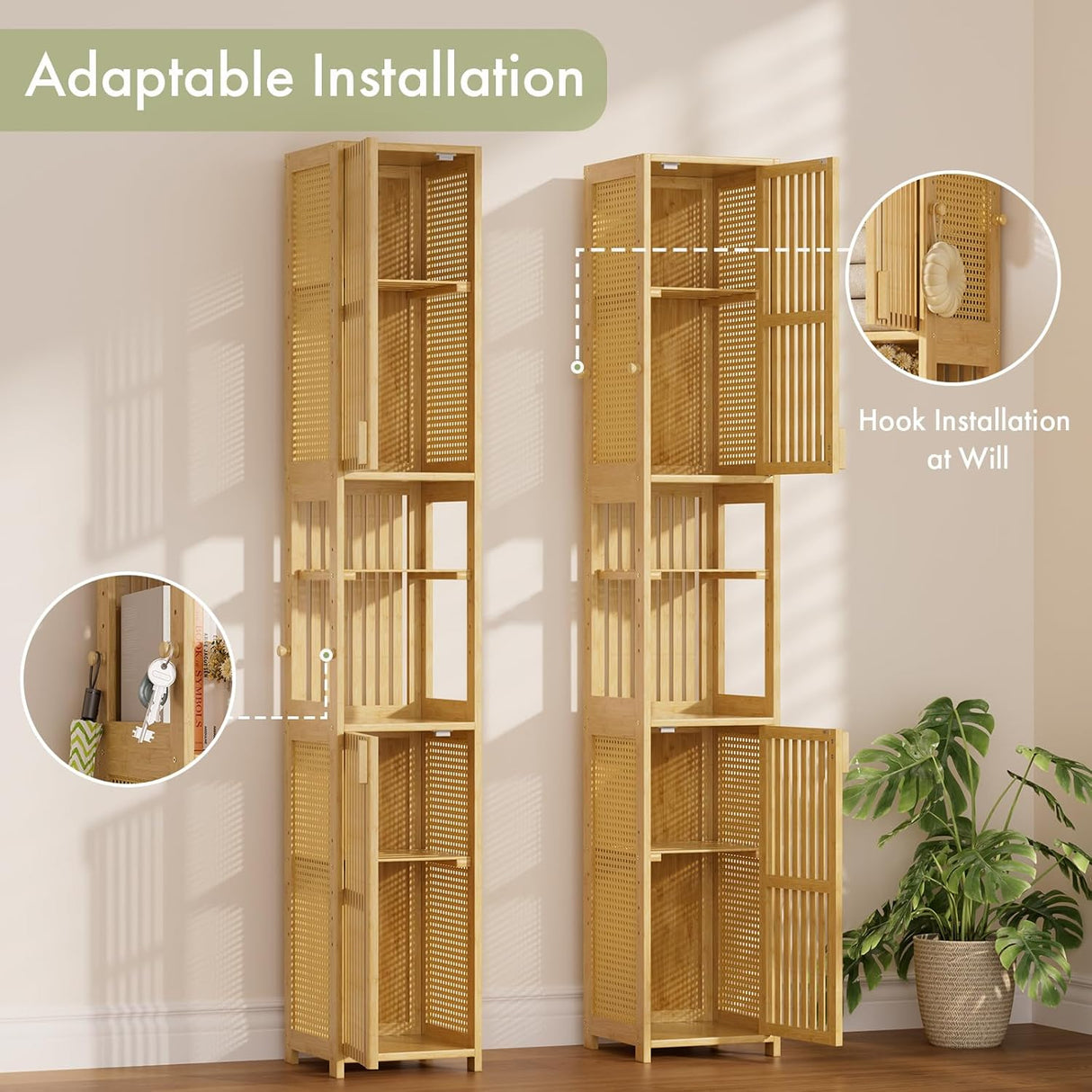 Two wooden shelves with adaptable installation feature on a neutral background