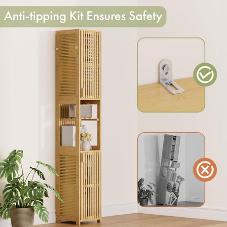 Woven storage tower with anti-tipping kit feature on a white wall background