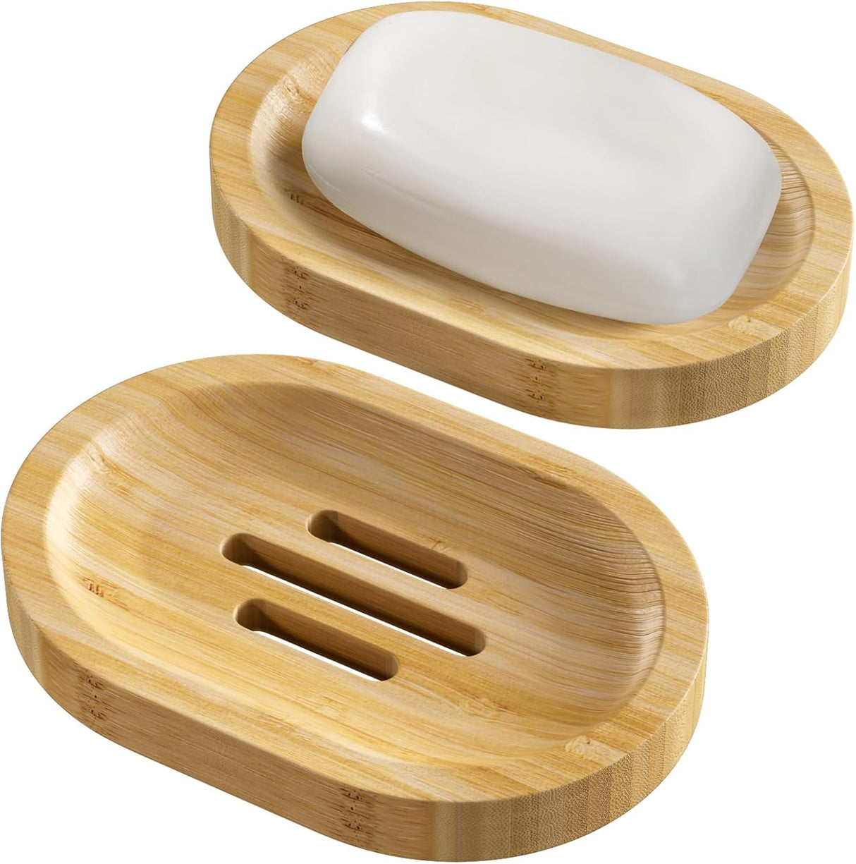 Bamboo soap dish with a bar of soap on a white background