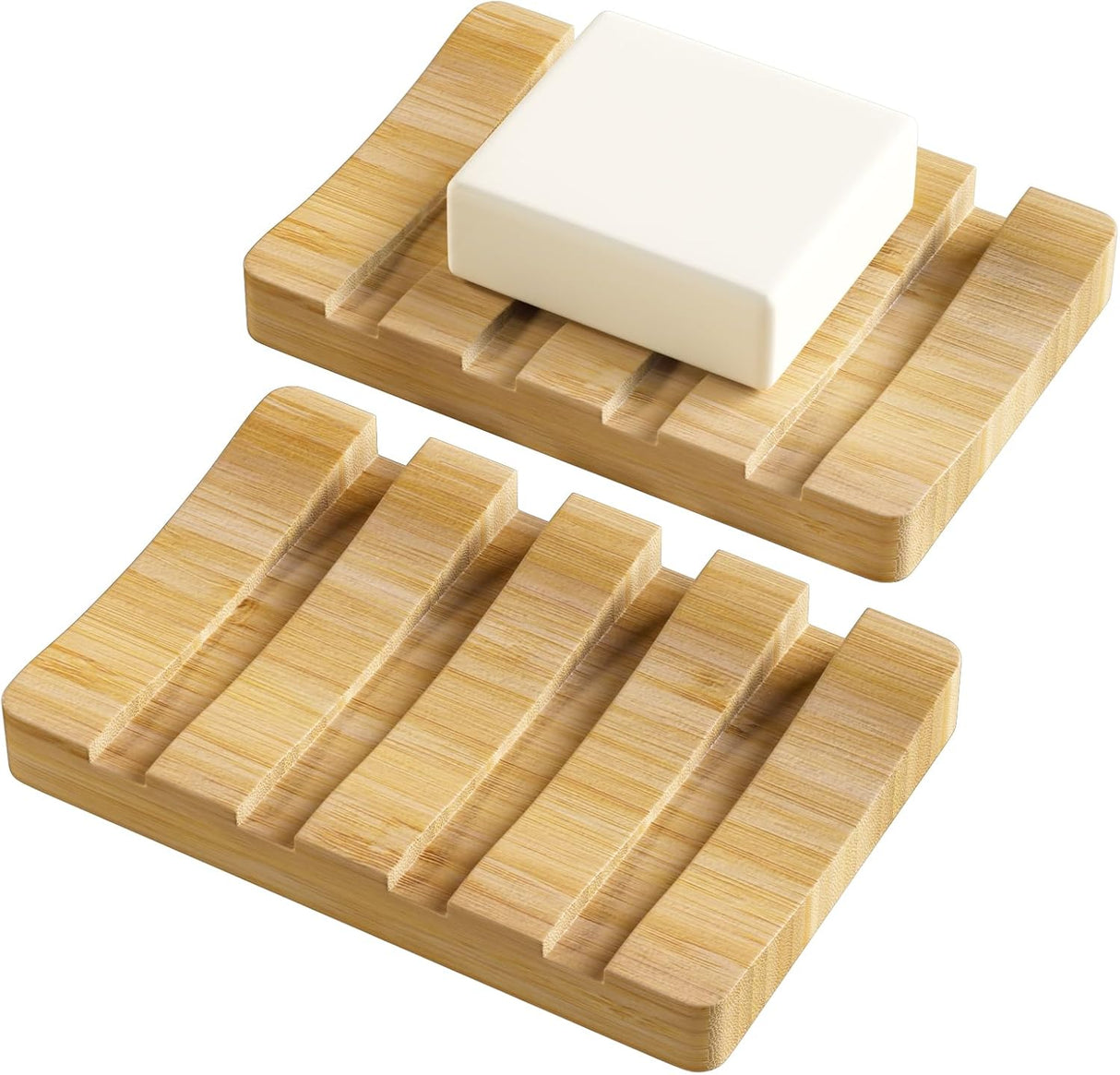 Bamboo soap dish with a bar of soap on a white background