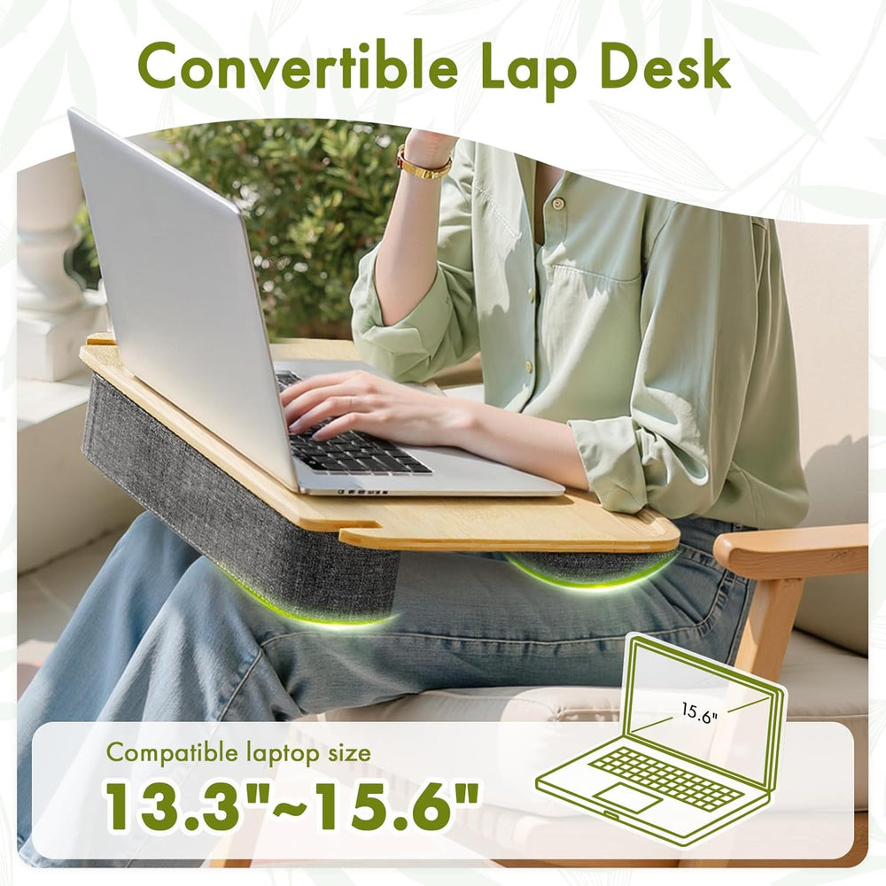 Person using a convertible lap desk with a laptop outdoors