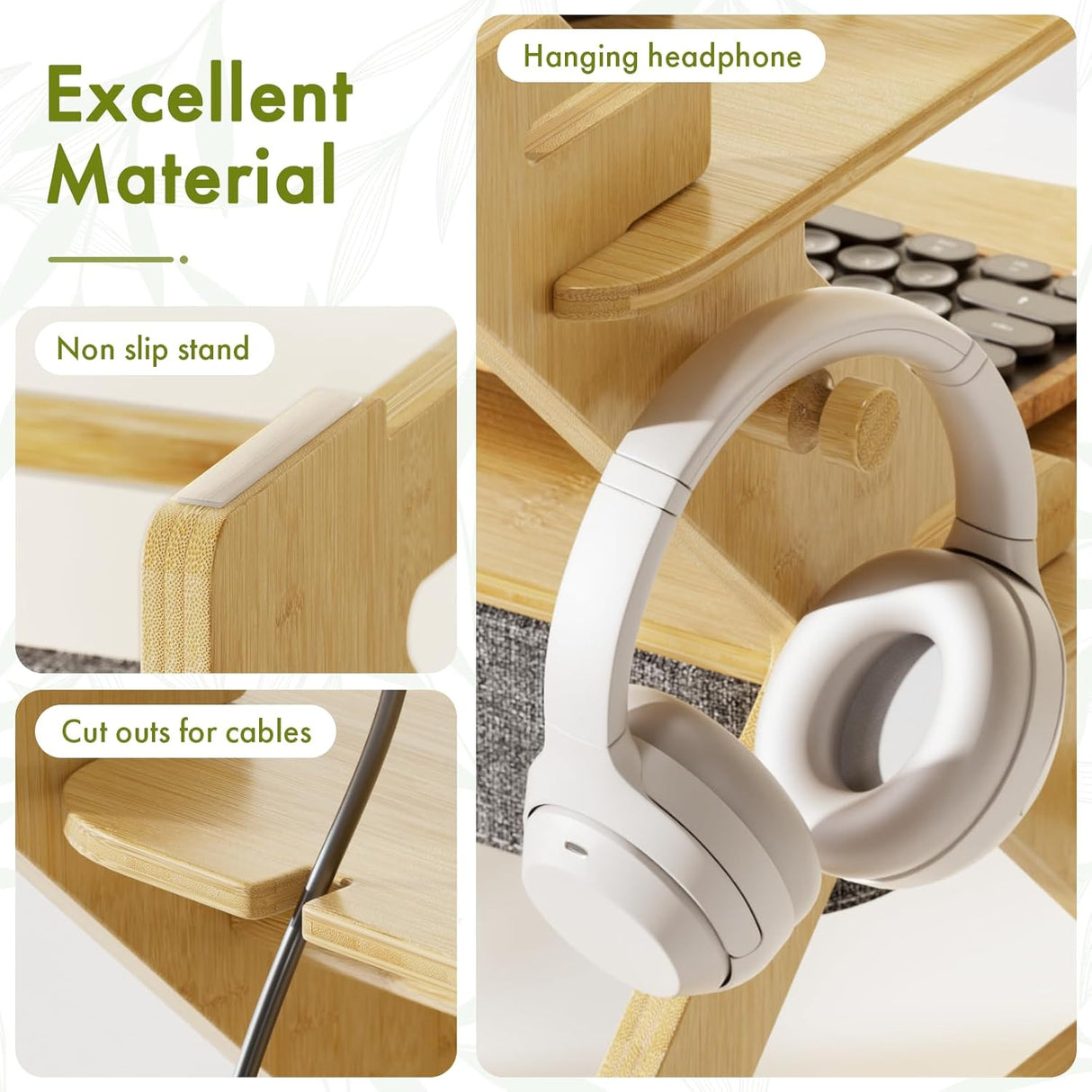 White headphones on a wooden stand with text highlighting features