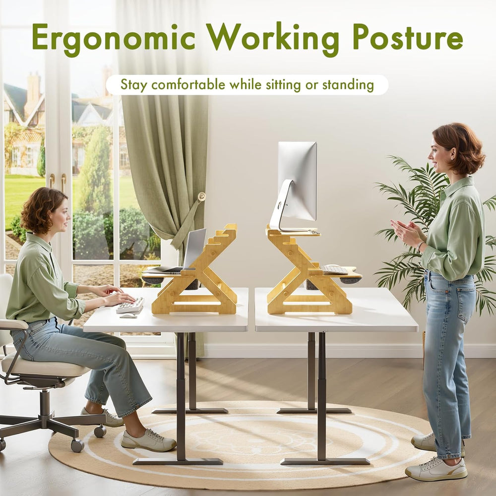 Two people using adjustable standing desks in a home office setting with ergonomic posture advice.